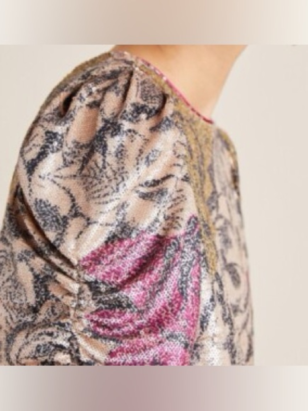 Anthropologie Marie Floral Sequin Puff Sleeve Top 12 Pink Gold Summer Wedding - Picture 8 of 9